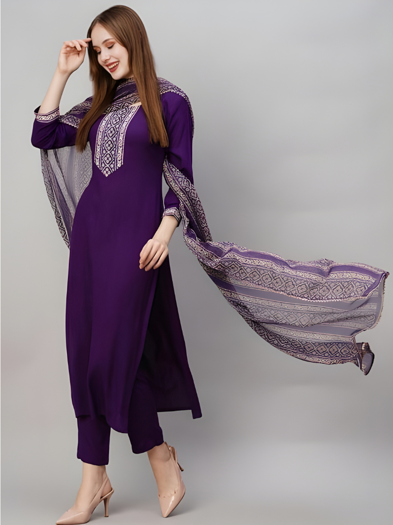 Deep Purple Rayon Slub Printed Kurta Set with Chanderi Dupatta