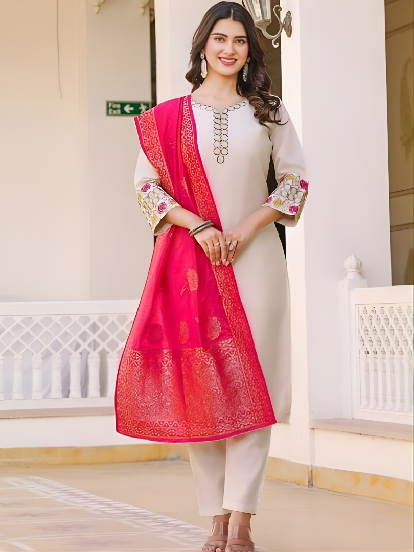 Ivory Rayon Slub Kurta Set with Pink Jacquard Dupatta