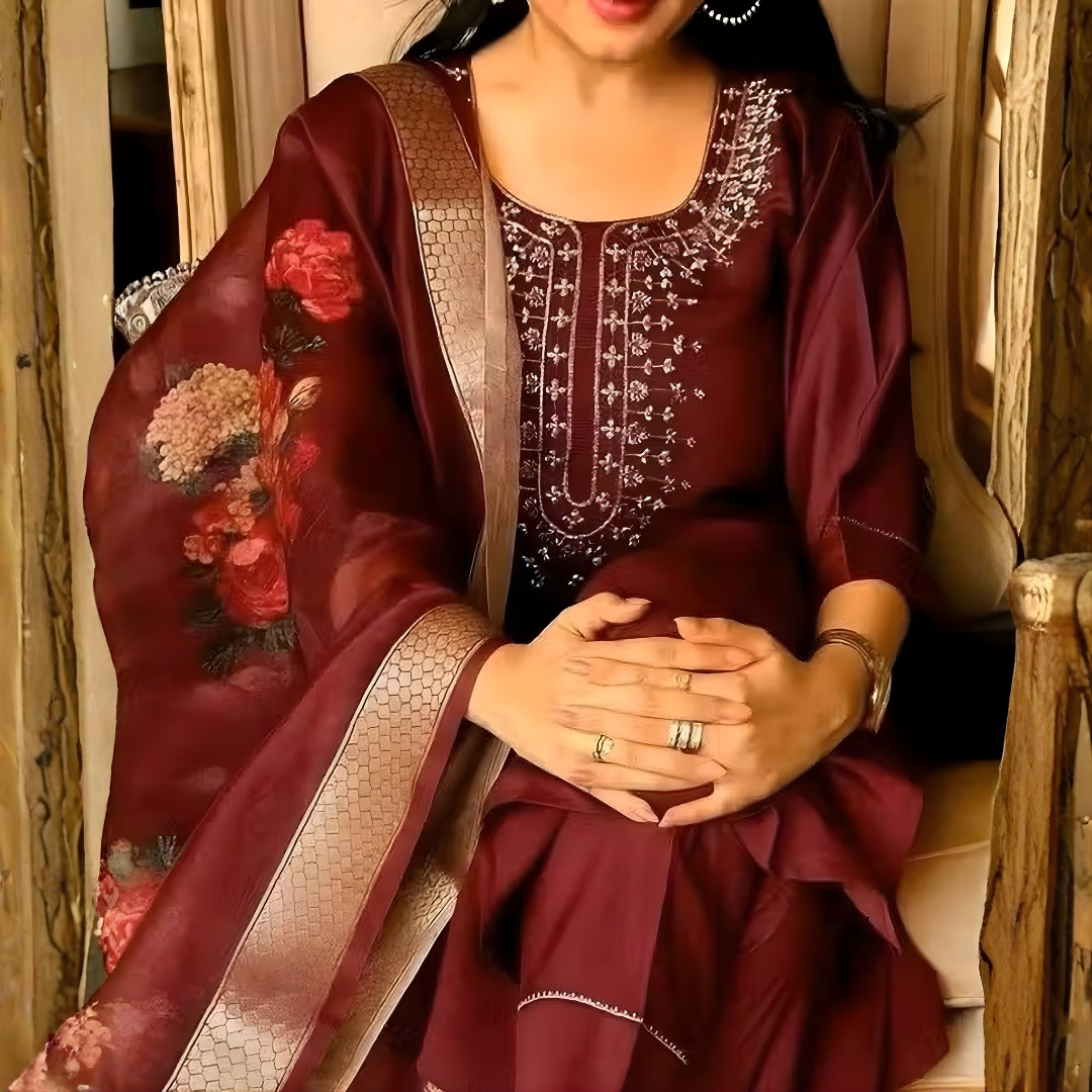 Maroon Magic Cotton Embroidered Kurta Set with Floral Chanderi Dupatta