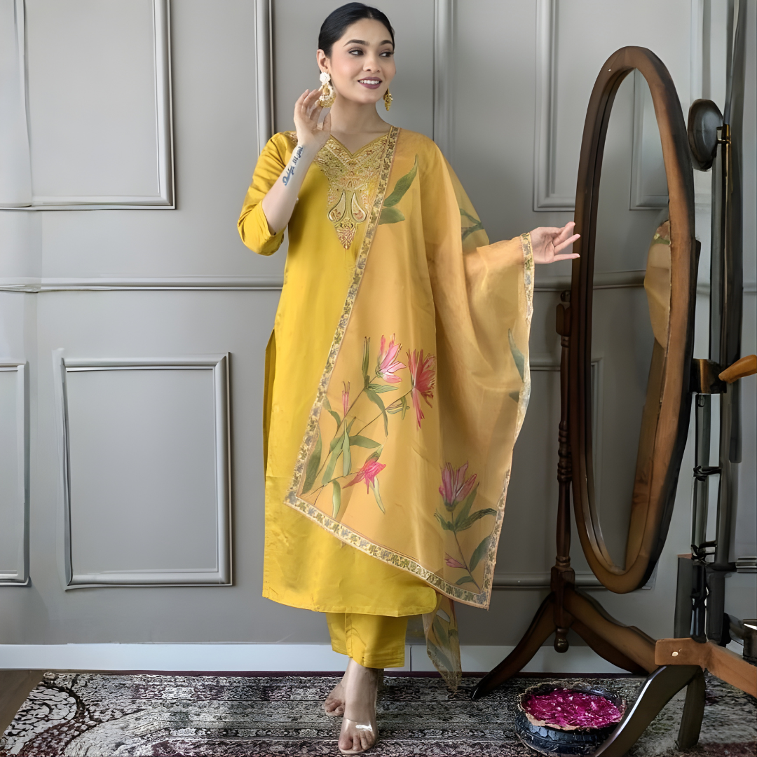 Mustard Yellow Magic Cotton Embroidered Kurta Set with Floral Chanderi Dupatta