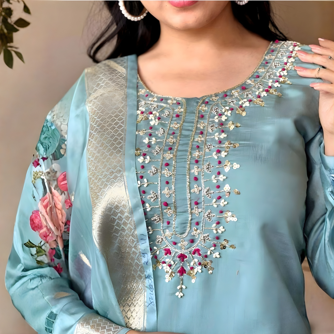 Sea Green Magic Cotton Embroidered Kurta Set with Floral Chanderi Dupatta