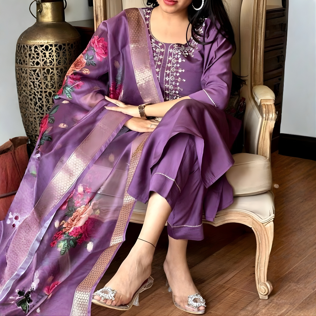 Purple Magic Cotton Embroidered Kurta Set with Floral Chanderi Dupatta