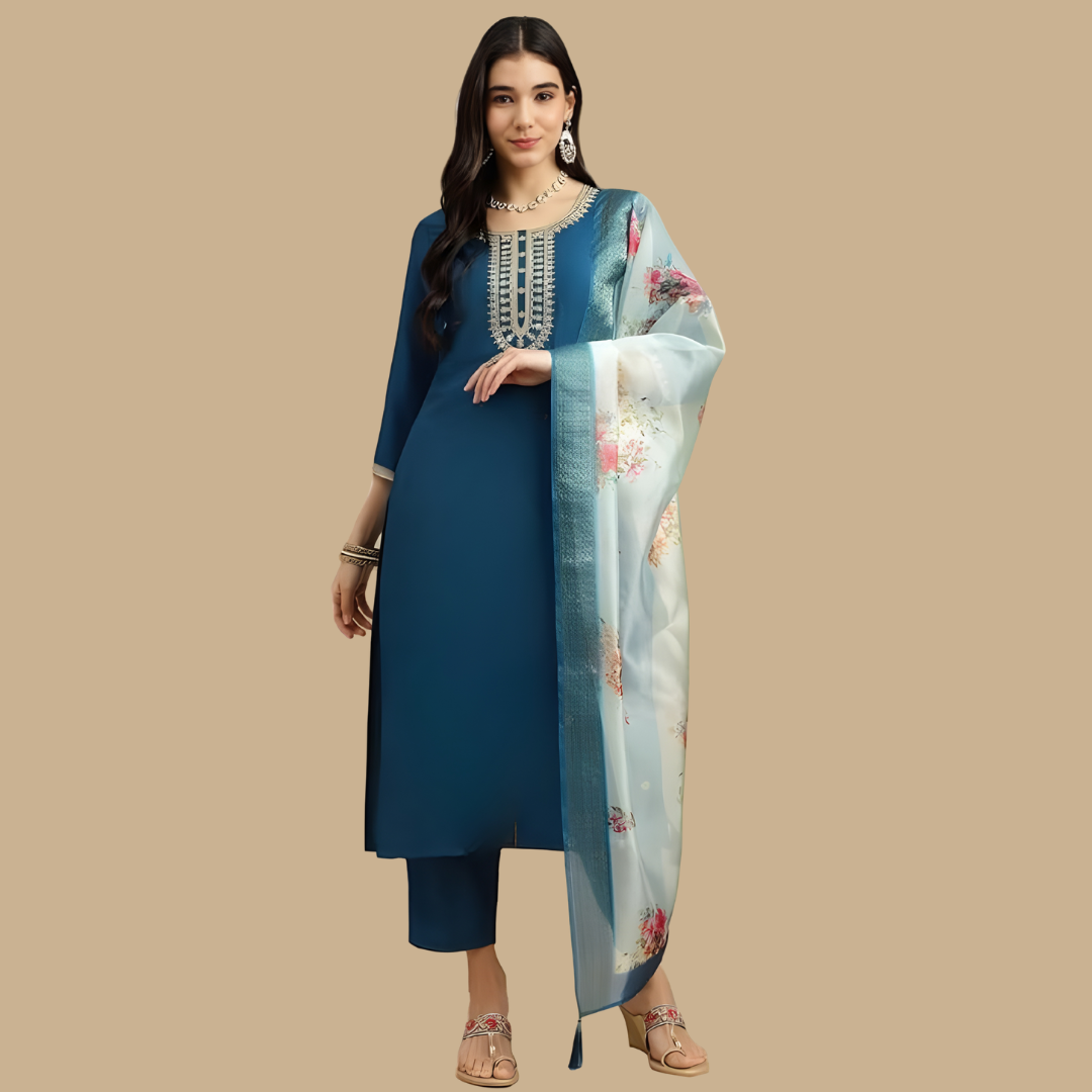 Teal Blue Rayon Slub Embroidered Kurta Set with Chanderi Digital Print Dupatta