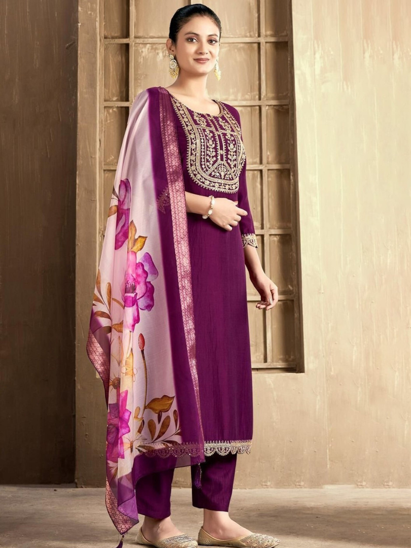 Royal Purple Rayon Slub Embroidered Kurta Set with Floral Chanderi Dupatta