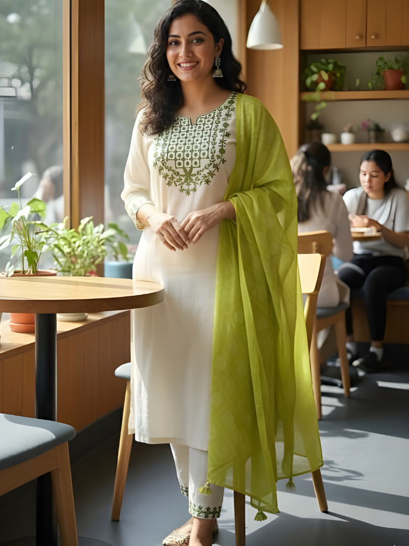Off-White Rayon Slub Sequins Embroidered Kurta Set with Green Chanderi Dupatta