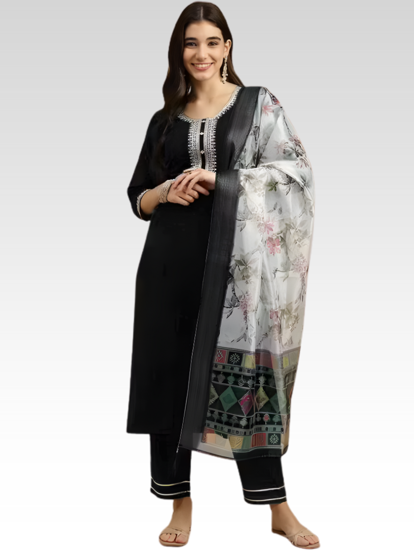 Black Magic Cotton Embroidered Kurta Set with Printed Chanderi Dupatta