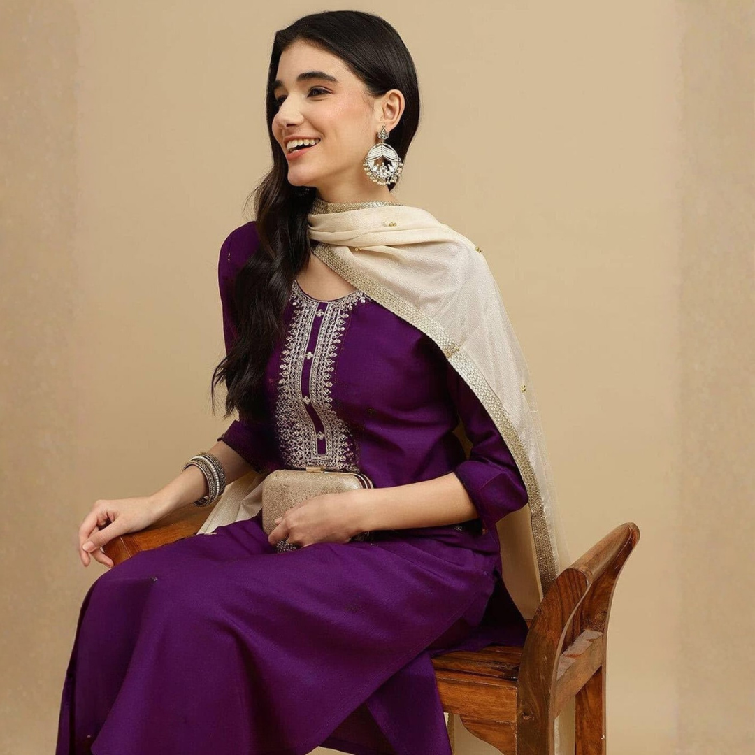 Purple Rayon Slub Embroidered Kurta Set with Chanderi Dupatta (3-Piece Set)