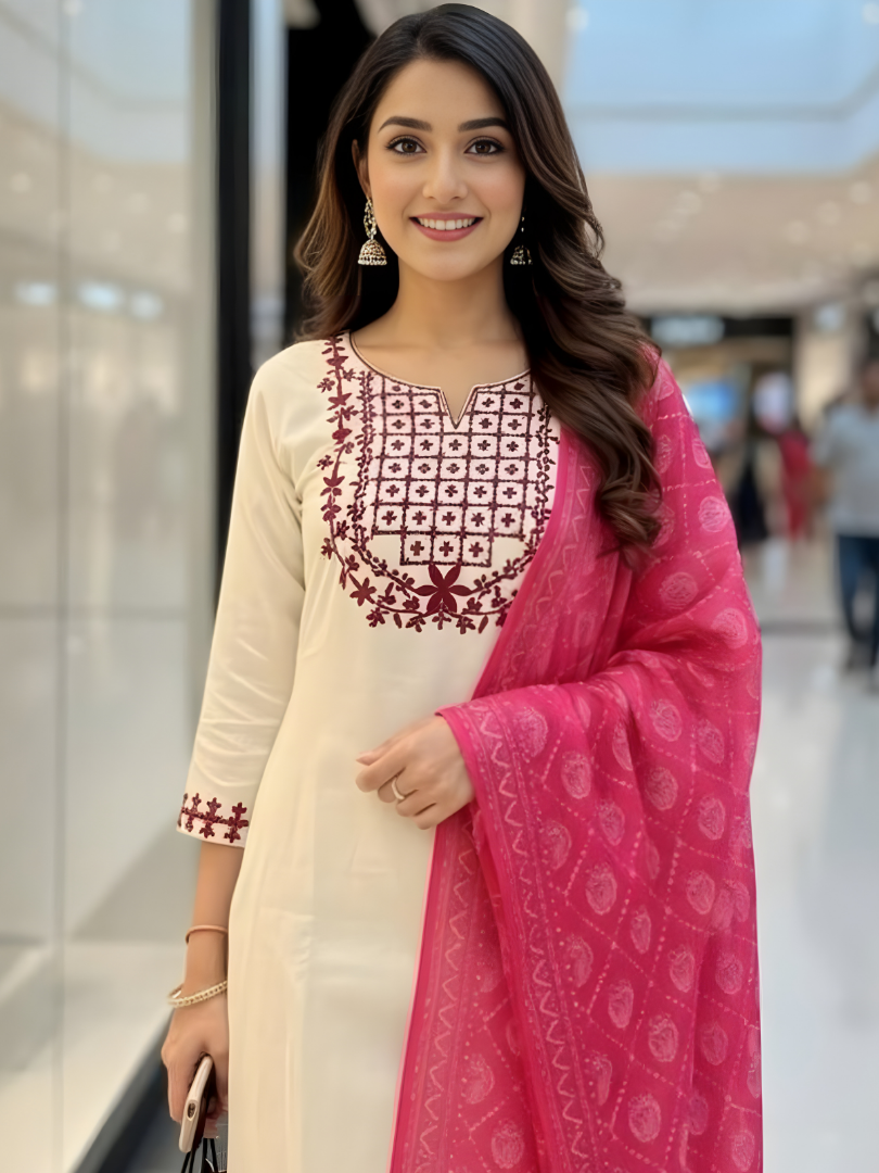 Off-White Rayon Slub Embroidered Kurta Set with Pink Chanderi Dupatta