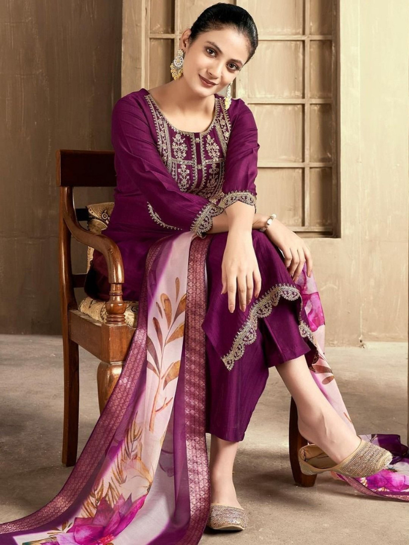 Royal Purple Rayon Slub Embroidered Kurta Set with Floral Chanderi Dupatta
