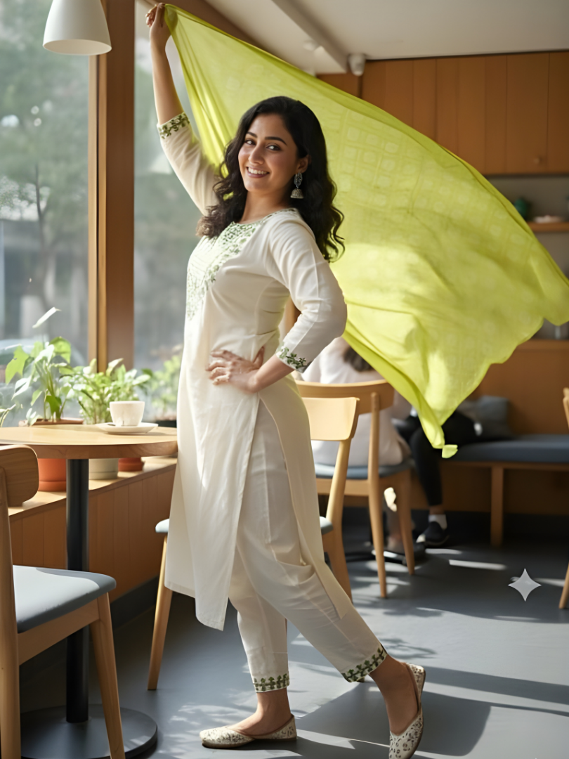 Off-White Rayon Slub Sequins Embroidered Kurta Set with Green Chanderi Dupatta