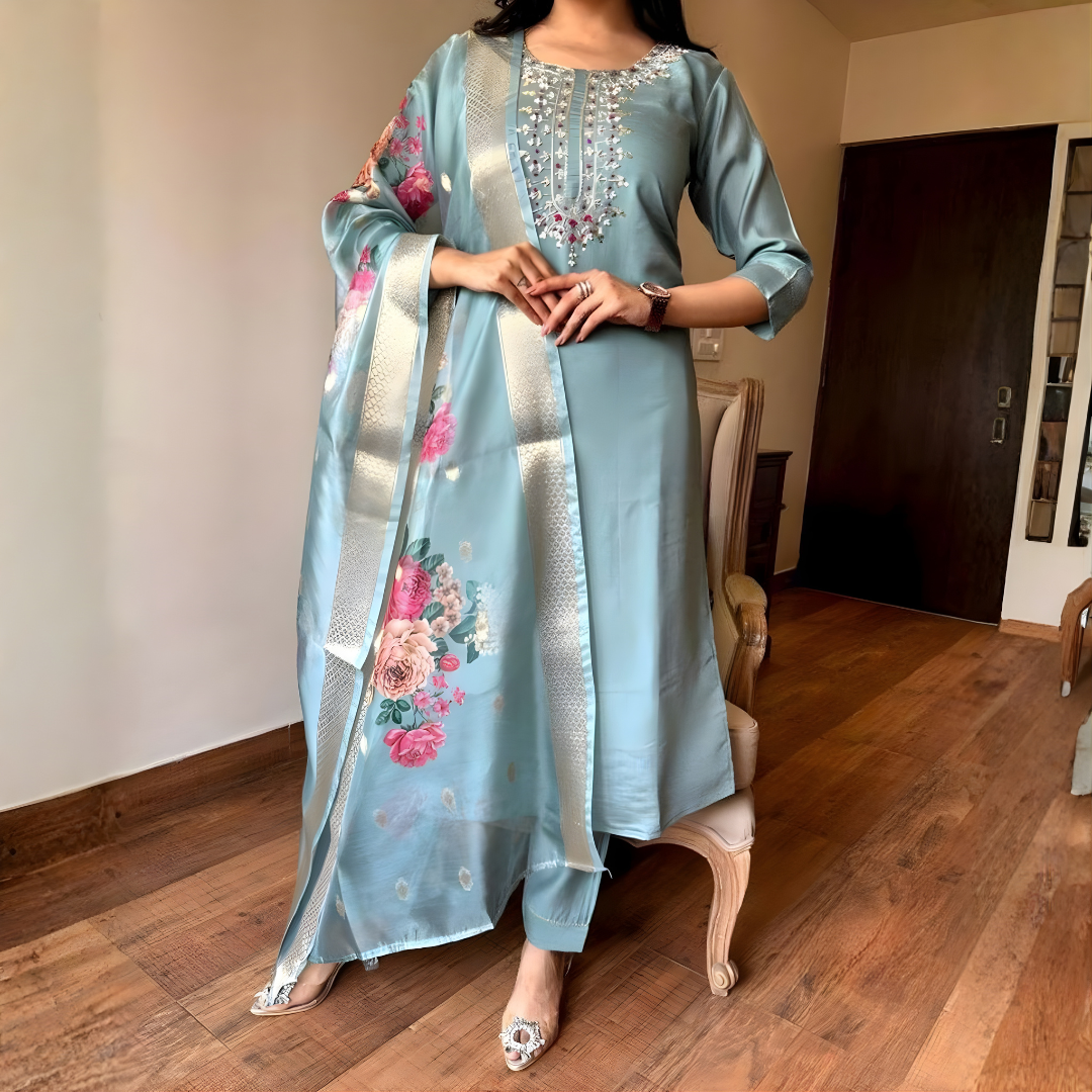 Sea Green Magic Cotton Embroidered Kurta Set with Floral Chanderi Dupatta