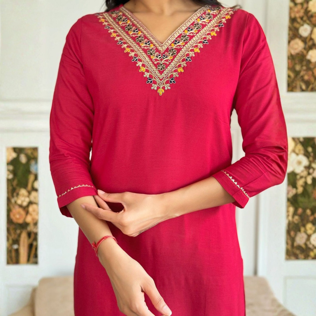 Rani Pink Rayon Slub Embroidered Kurta Set with Chanderi Dupatta