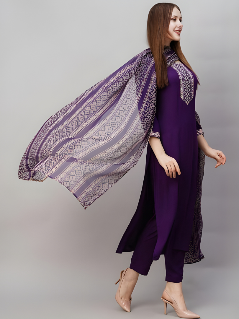 Deep Purple Rayon Slub Printed Kurta Set with Chanderi Dupatta