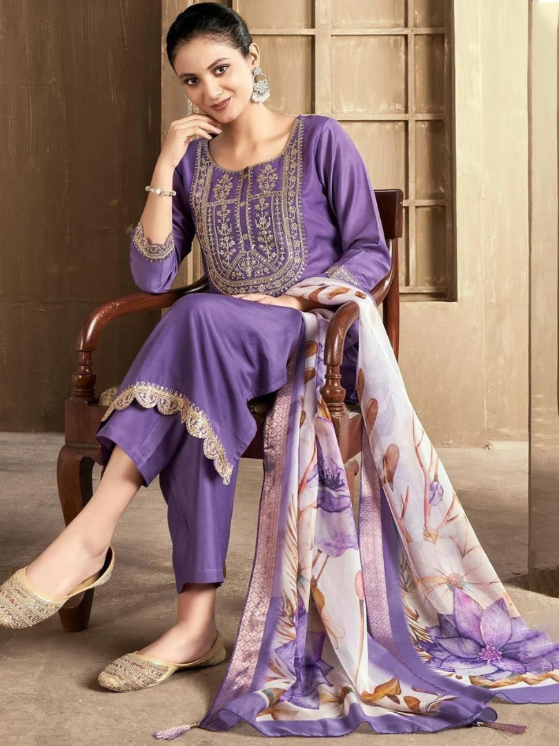 Lavender Rayon Slub Embroidered Kurta Set with Printed Chanderi Dupatta