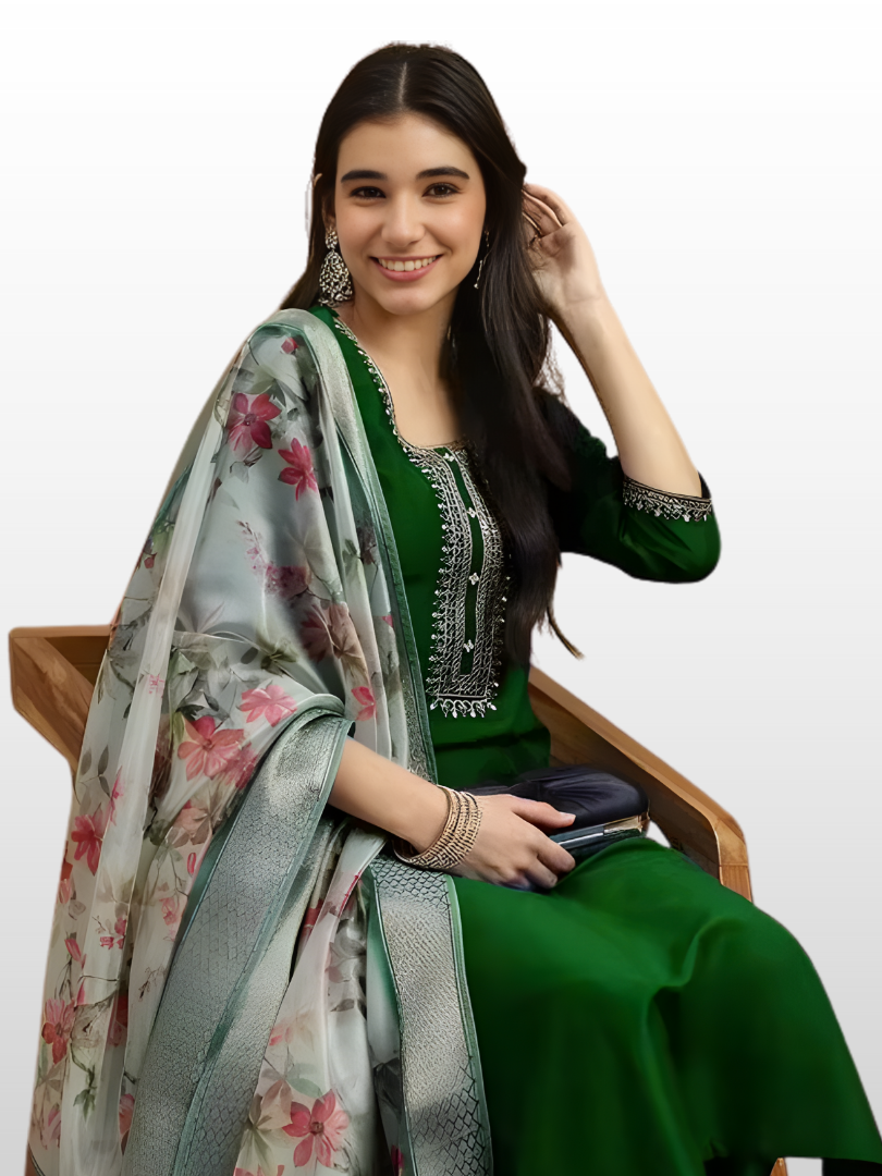 Bottle Green Magic Cotton Embroidered Kurta Set with Printed Chanderi Dupatta