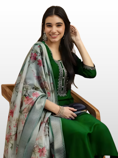 Bottle Green Magic Cotton Embroidered Kurta Set with Printed Chanderi Dupatta