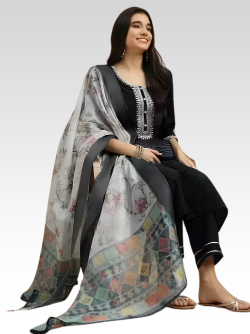 Black Magic Cotton Embroidered Kurta Set with Printed Chanderi Dupatta
