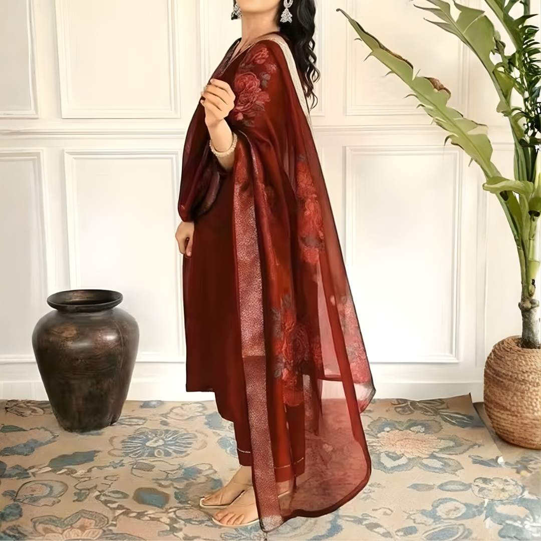 Maroon Magic Cotton Embroidered Kurta Set with Floral Chanderi Dupatta