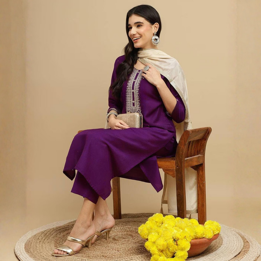 Purple Rayon Slub Embroidered Kurta Set with Chanderi Dupatta (3-Piece Set)
