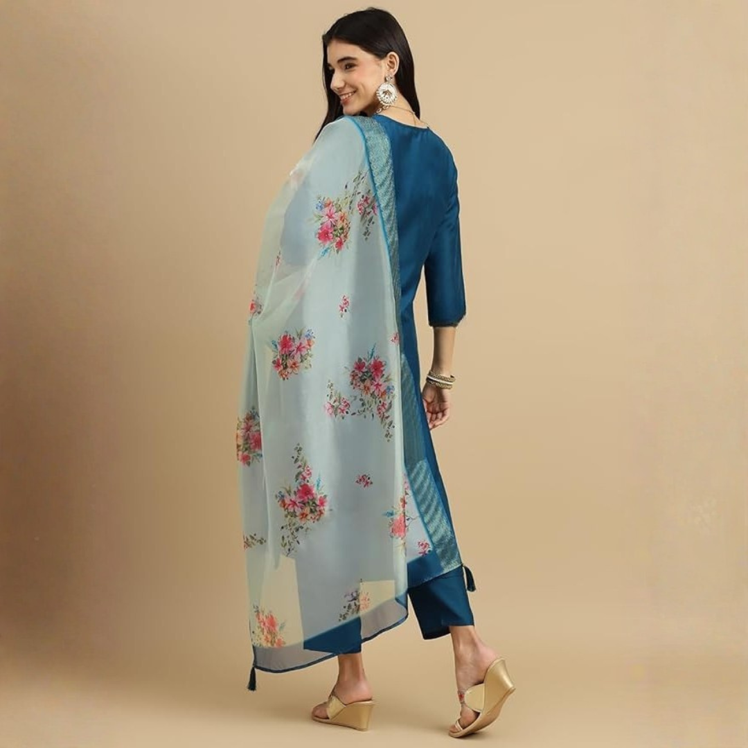 Teal Blue Rayon Slub Embroidered Kurta Set with Chanderi Digital Print Dupatta