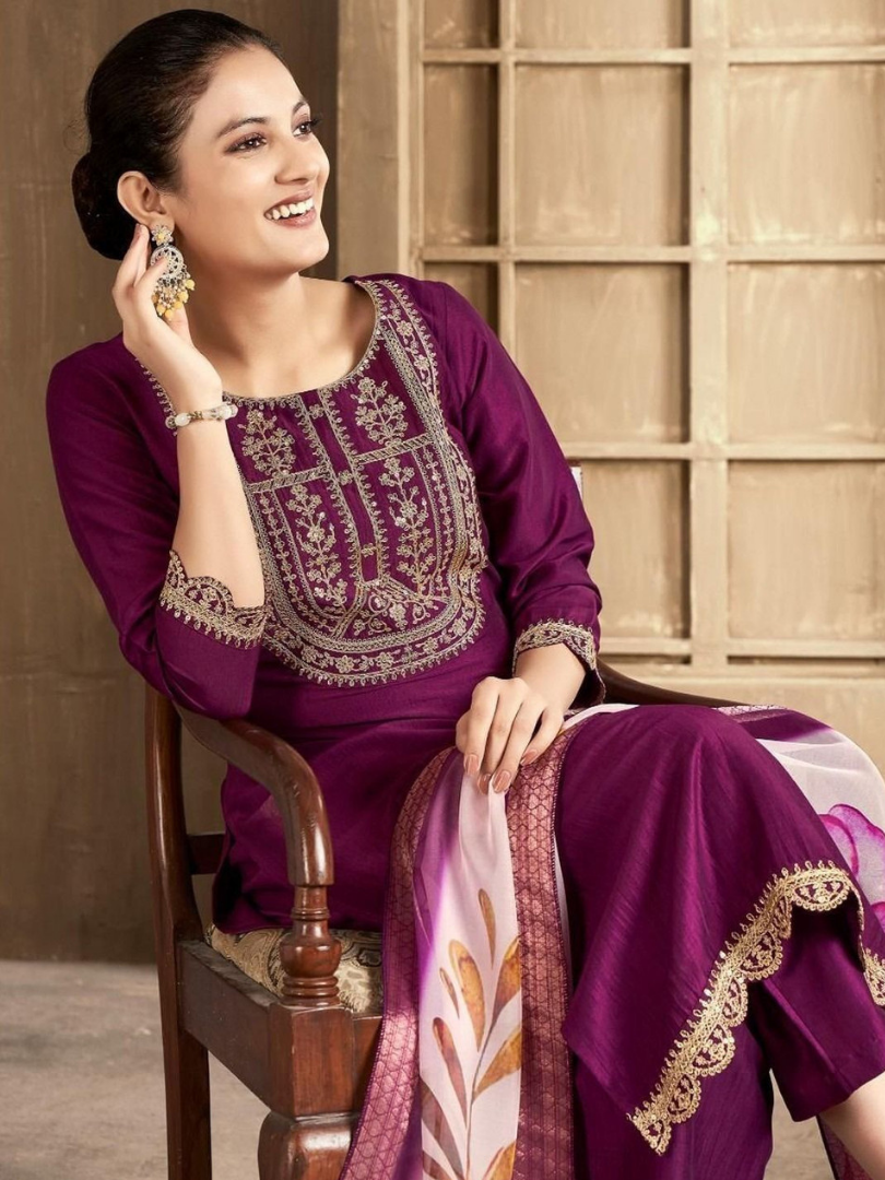Royal Purple Rayon Slub Embroidered Kurta Set with Floral Chanderi Dupatta