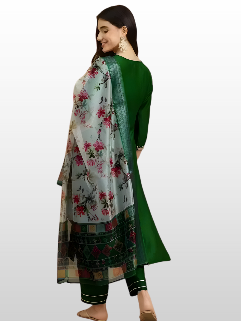 Bottle Green Magic Cotton Embroidered Kurta Set with Printed Chanderi Dupatta