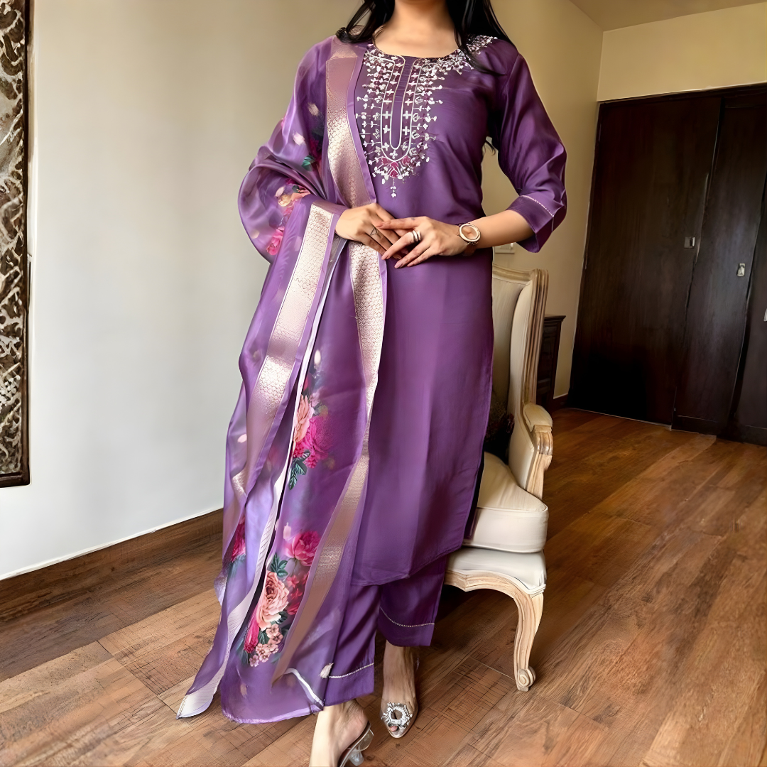 Purple Magic Cotton Embroidered Kurta Set with Floral Chanderi Dupatta