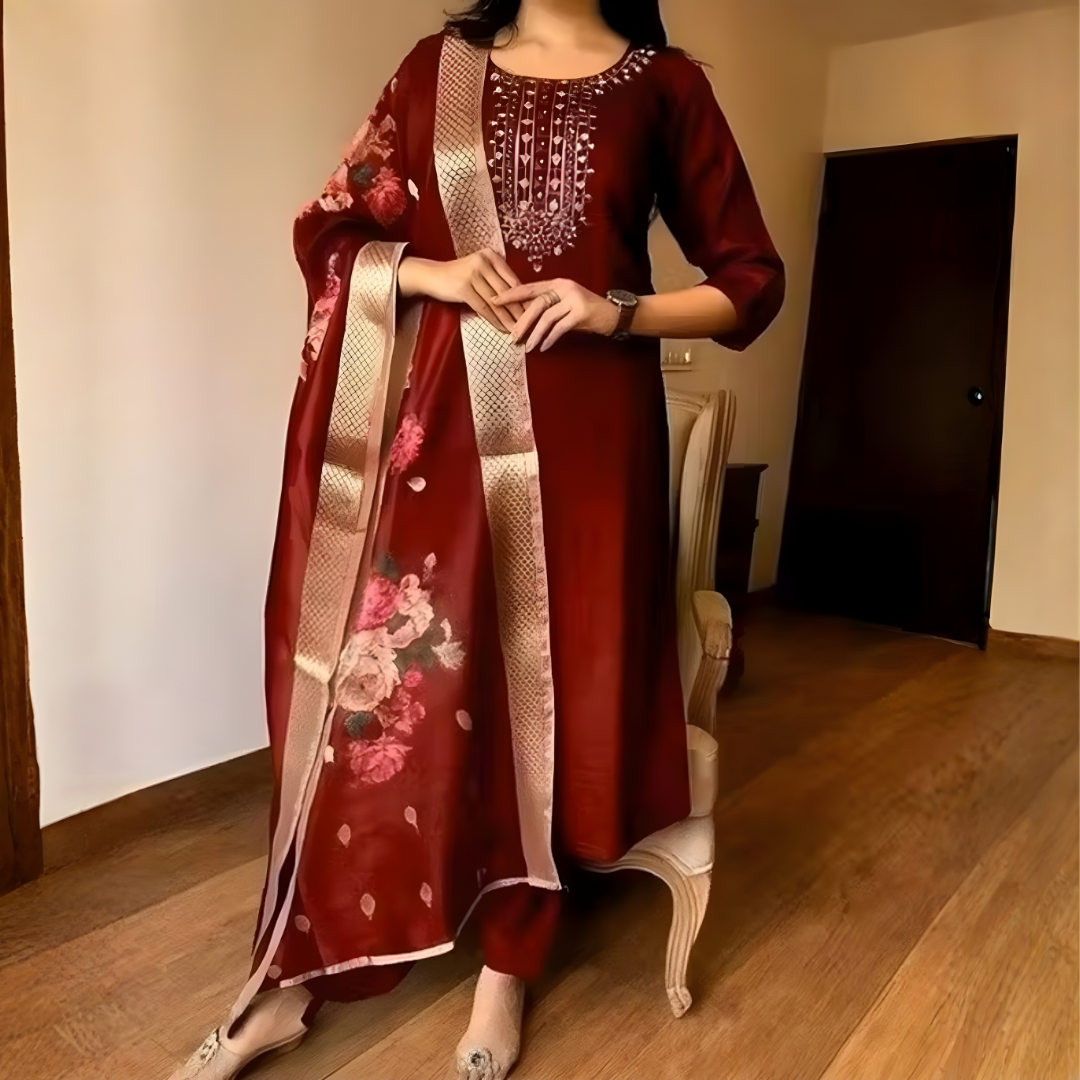 Maroon Magic Cotton Embroidered Kurta Set with Floral Chanderi Dupatta
