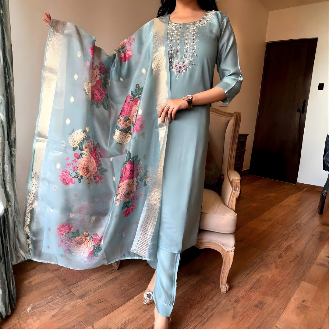 Sea Green Magic Cotton Embroidered Kurta Set with Floral Chanderi Dupatta