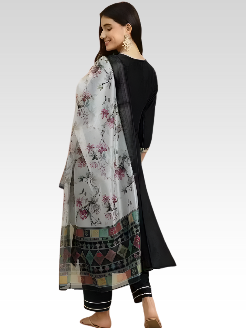 Black Magic Cotton Embroidered Kurta Set with Printed Chanderi Dupatta