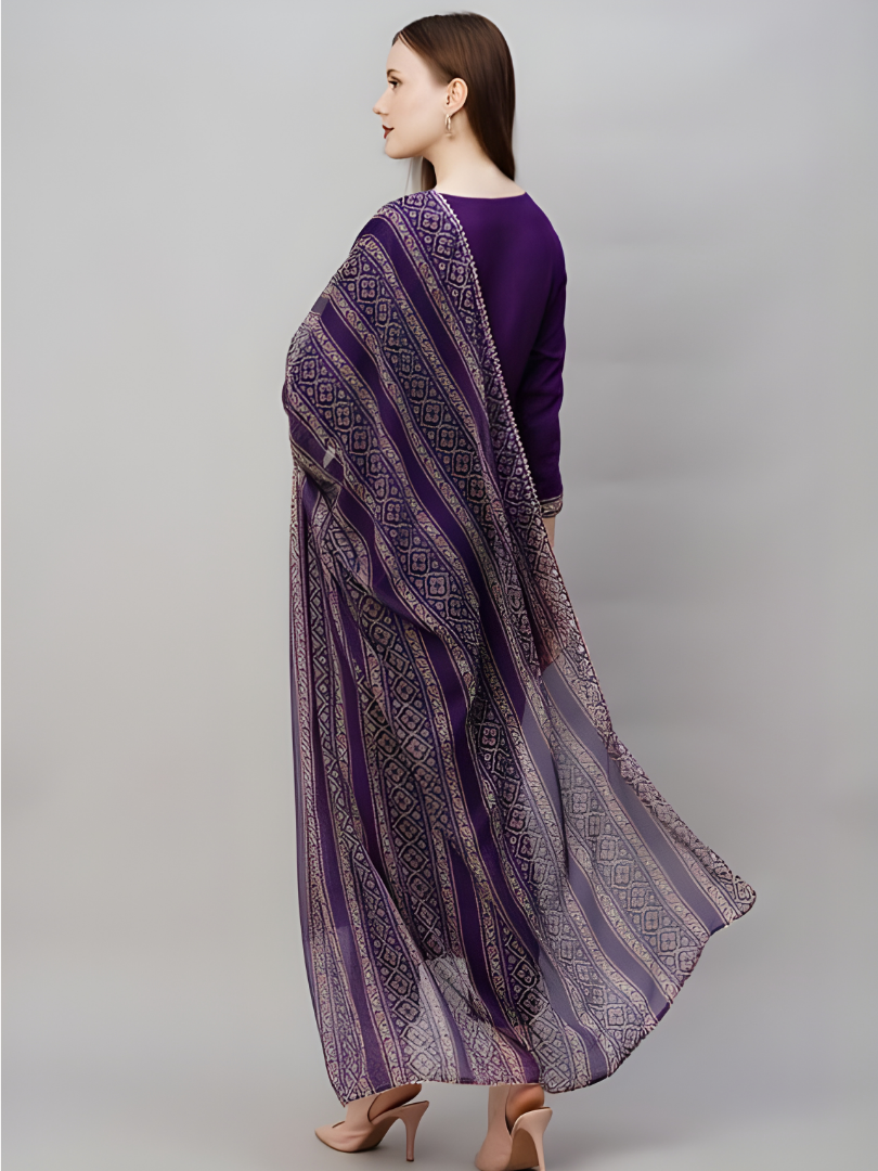 Deep Purple Rayon Slub Printed Kurta Set with Chanderi Dupatta