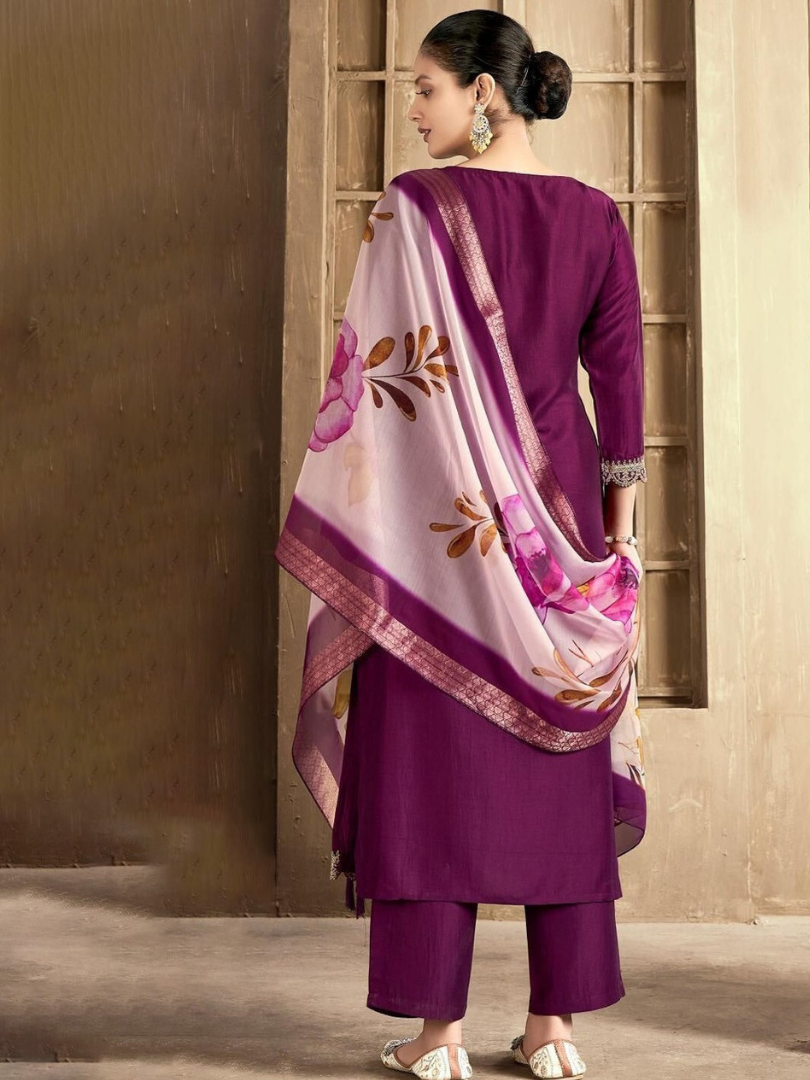 Royal Purple Rayon Slub Embroidered Kurta Set with Floral Chanderi Dupatta