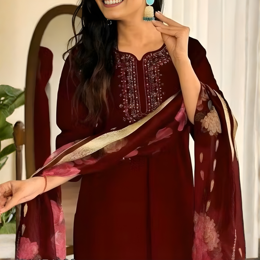 Maroon Magic Cotton Embroidered Kurta Set with Floral Chanderi Dupatta