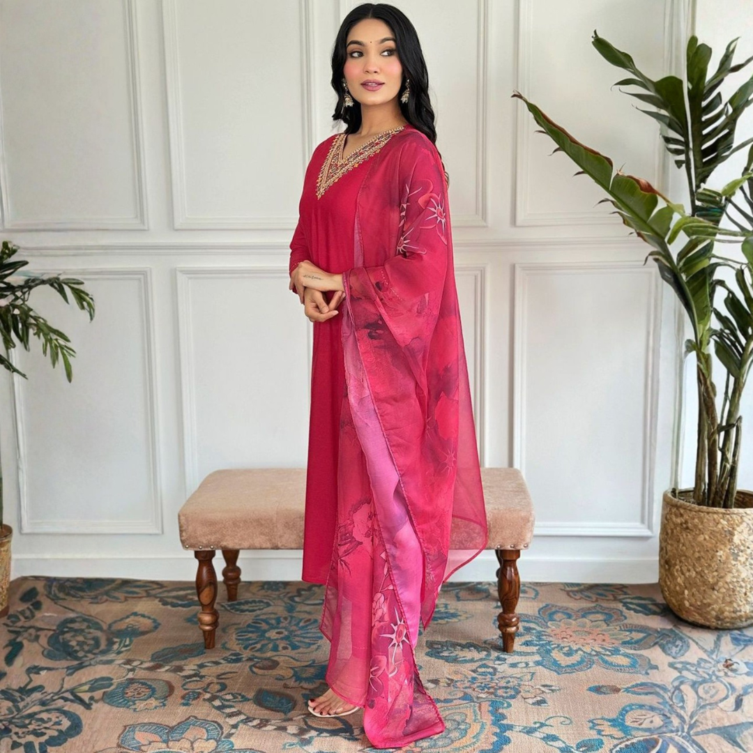 Rani Pink Rayon Slub Embroidered Kurta Set with Chanderi Dupatta