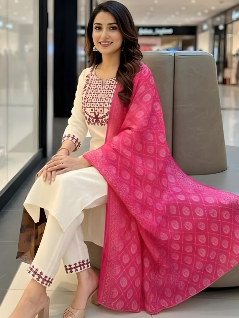 Off-White Rayon Slub Embroidered Kurta Set with Pink Chanderi Dupatta