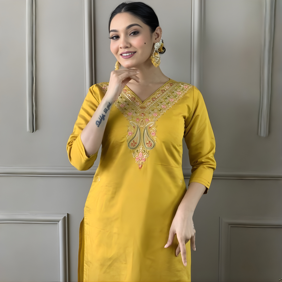 Mustard Yellow Magic Cotton Embroidered Kurta Set with Floral Chanderi Dupatta