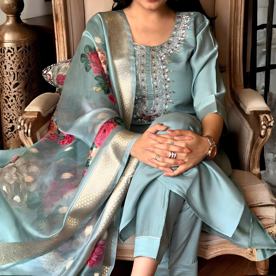 Sea Green Magic Cotton Embroidered Kurta Set with Floral Chanderi Dupatta