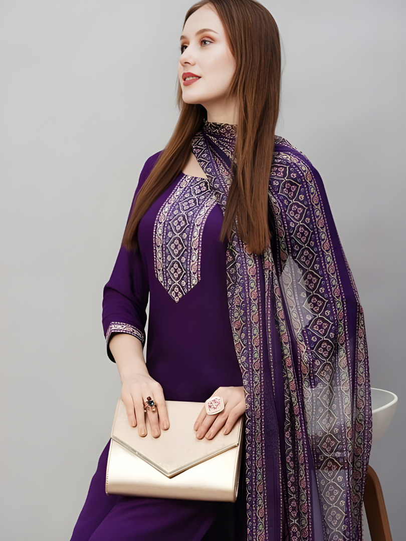 Deep Purple Rayon Slub Printed Kurta Set with Chanderi Dupatta